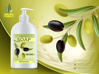 Poster - Hygienic soap dispenser with olive oil. Natural product.