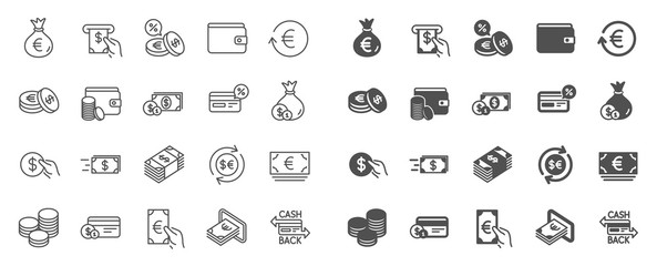 Wall Mural - Money wallet line icons. Set of Credit card, Cash and Coins icons. Banking, Currency exchange and Cashback service. Wallet, Euro and Dollar money, credit card. Cash exchange, bank payment. Vector