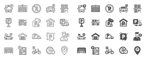 Poster - parking line icons. car garage, valet servant and paid transport parking icons. video monitoring, bi