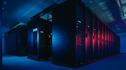 Wall Mural - Shot of Data Center With Multiple Rows of Fully Operational Server Racks. Modern Telecommunications, Cloud Computing, Artificial Intelligence, Database. Shot in Dark with Neon Blue, Pink Lights.