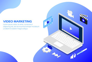 Wall Mural - Video marketing on a laptop isometric.