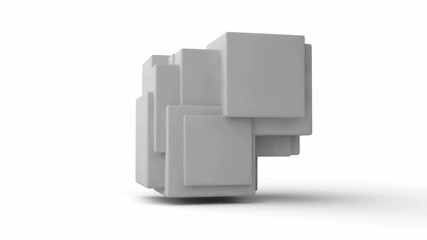 Poster - 3D animation of rotation of a white cube which splits into a set of cubes and splinters and is restored.