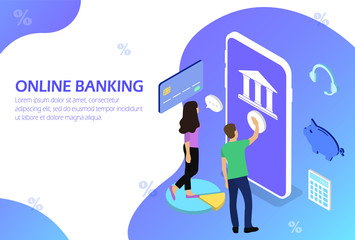 Aufkleber - Online banking. Mobile bank. People. Isometric.