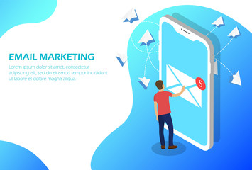 Aufkleber - Promotional newsletter. The person sends an advertising newsletter. Isometric.
