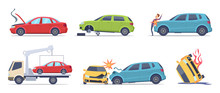 Car Accident. Damaged Transport On The Road Repair Service Insurances Vehicle Vector Illustrations In Cartoon Style. Accident Crash Car, Emergency Broken And Insurance Auto