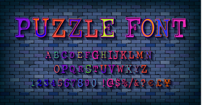 Puzzle font, jigsaw puzzle alphabet and numbers
