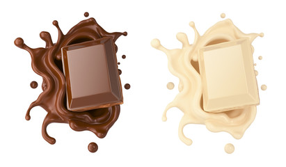 Poster - dark and white chocolate pieces falling on chocolate sauce and Milk cream splash 3d illustration.