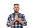 © New Africa - Man showing word BELIEVE in sign language on white background
