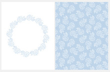 Lovely Abstract Hand Drawn Floral Vector Card And Pattern. Light Blue Tree Branches Isolated On A White Background. Infantile Style Floral Repeatable Design. Wreath Made Of Tree Blue Twigs. 