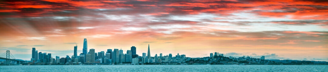 San Francisco, California. Panoramic view of Downtown skyline at sunset