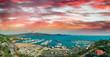 Panoramic aerial view of Airlie Beach skyline at dusk, Queensland