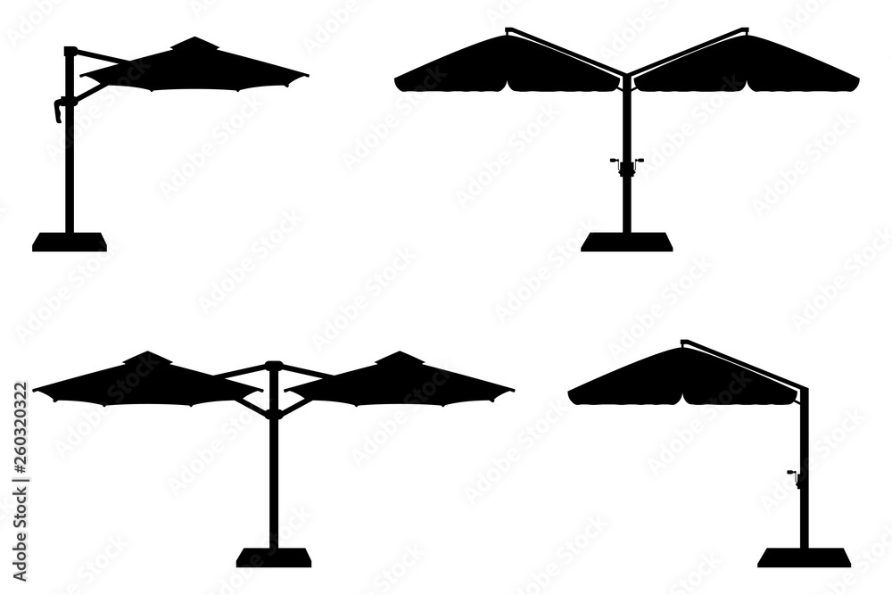 large sun umbrella for bars and cafes on the terrace or the beach black outline silhouette vector illustration - obrazy, fototapety, plakaty 