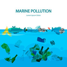Marine Pollution Vector Illustration With Water And Garbage. Pollution Water, Trash Plastic In Ocean