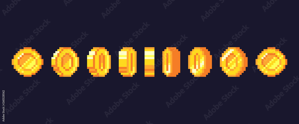 Pixel game coins animation. Golden pixelated coin animated frames, retro 16 bit pixels gold and video games money vector illustration - obrazy, fototapety, plakaty 