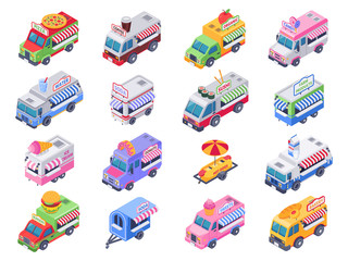 Wall Mural - isometric food trucks. street carts, hot dog truck and outdoor coffee selling market 3d vector illus