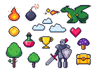 Poster - pixel game elements. pixelated warrior and 8 bit pixels dragon. retro games clouds, trees and icons 
