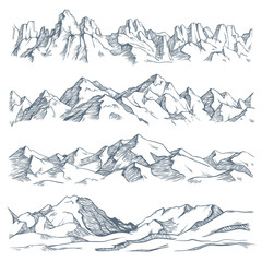 mountains landscape engraving. vintage hand drawn sketch of hiking or climbing on mountain. nature h
