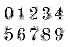Flower Ornate Numbers. Elegant Blossom Number, Floral Sprigs Date And Numeric Monogram Vector Illustration Set