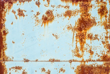 Texture Of Rusty Metal, Painted White Which Became Orange Spots From Rust. Horizontal Texture Of Paint On Rustic Steel Sheets