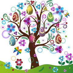 Spring tree with colorful easter eggs, flowers