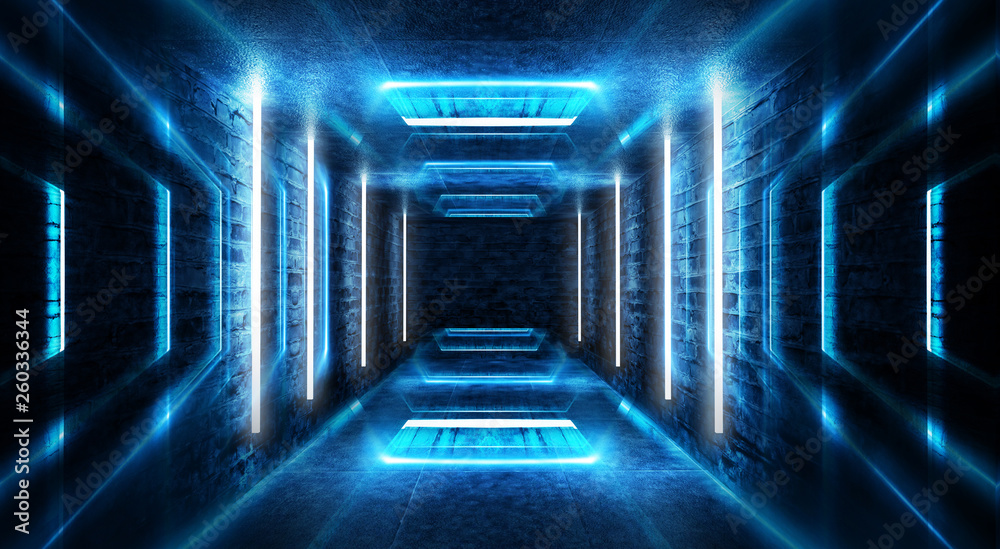 Abstract tunnel, corridor with rays of blue light and neon highlights ...