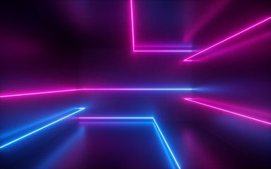 3d render, pink blue neon lines, geometric shapes, virtual space, ultraviolet light, 80's style, ret