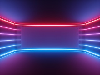 Wall Mural - 3d render, red blue neon light, glowing lines, blank horizontal screen, ultraviolet spectrum, empty room, abstract background
