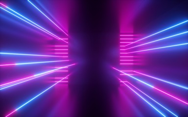 Wall Mural - 3d render, pink blue neon lines, geometric shapes, virtual space, empty room, ultraviolet light, 80's style, retro disco, fashion laser show, abstract background