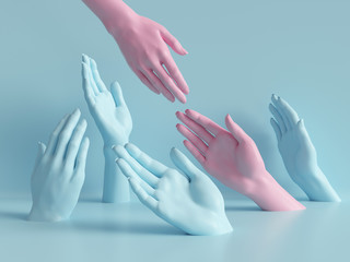 3d render, beautiful hands isolated, female mannequin body parts, minimal fashion background, helping hands, blessing, partnership concept, pink blue pastel colors