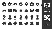Basic Glyph Shapes Icon Set With Simple Silhouette Ring, Pinion, Eye, Nut, Location, Flower, Sun, Arc, Book, Flag, Hat, Cloud Butterfly, Speech Bubble And More Black Symbols.