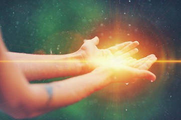 Woman hands praying for blessing from god, blurred nature background, rain, day. Religious human open empty hands with palms up. Gratitude, preacher worship, solitude pray, religion devotion concept