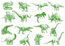 Graphical  Set Of Green Dinosaurs Isolated On White Background,vector Illustration