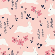Cute Rabbits And Flowers Seamless Pattern. Spring And Easter Theme Seamless Background For Nursery, Baby And Kids Products, Fabric, Stationery, Textile