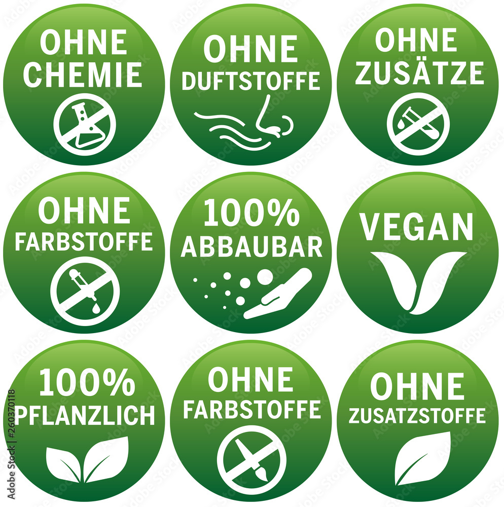 Stock-Vektorgrafik Symbole ohne chemie, farbstoffe, zusatzstoffe, vegan,  duftstoffe, zustze bio, pflanzlich vektor | Adobe Stock
