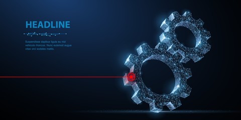 Gears. Abstract vector wireframe two gear 3d modern illustration on dark blue background.