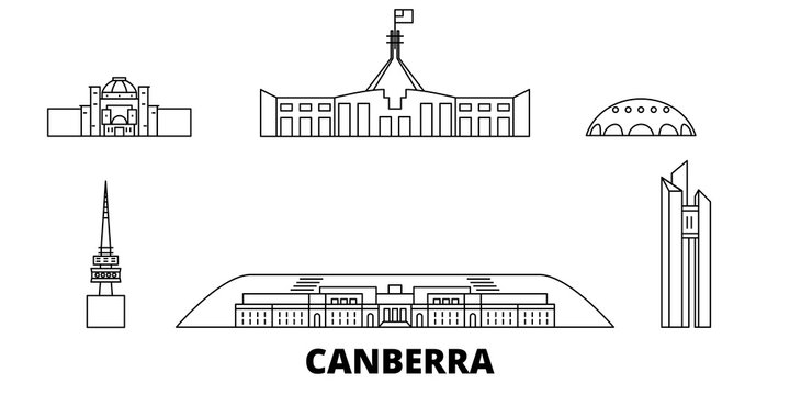 australia, canberra flat travel skyline set. australia, canberra black city vector panorama, illustr