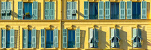     Nice In France, Colorful Facade, With Typical Murals Windows And Green Shutters, Place Garibaldi, Detail 
