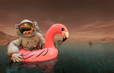 Wall Mural - astronaut with pink float looking for water on mars - 3d illustration