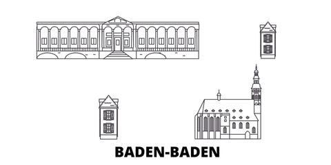 Wall Mural - Germany, Baden Baden flat travel skyline set. Germany, Baden Baden black city vector panorama, illustration, travel sights, landmarks, streets.