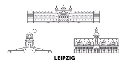 Wall Mural - Germany, Leipzig flat travel skyline set. Germany, Leipzig black city vector panorama, illustration, travel sights, landmarks, streets.