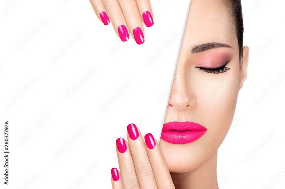 Beauty Makeup and Nail Art Concept. Beautiful fashion model woman with pink makeup. High fashion portrait isolated on white