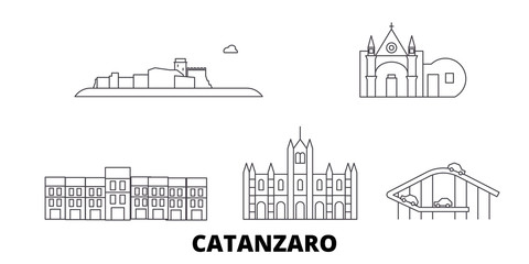 Wall Mural - Italy, Catanzaro flat travel skyline set. Italy, Catanzaro black city vector panorama, illustration, travel sights, landmarks, streets.