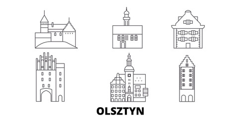 Wall Mural - Poland, Olsztyn flat travel skyline set. Poland, Olsztyn black city vector panorama, illustration, travel sights, landmarks, streets.