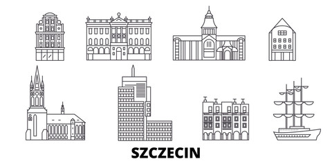 Wall Mural - Poland, Szczecin flat travel skyline set. Poland, Szczecin black city vector panorama, illustration, travel sights, landmarks, streets.