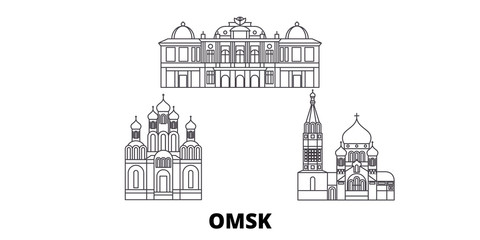 Wall Mural - Russia, Omsk flat travel skyline set. Russia, Omsk black city vector panorama, illustration, travel sights, landmarks, streets.