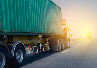 White Truck on highway road with green  container, transportation concept.,import,export logistic industrial Transporting Land transport on the asphalt expressway