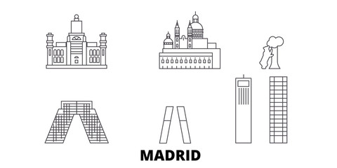 Spain, Madrid City flat travel skyline set. Spain, Madrid City black city vector panorama, illustration, travel sights, landmarks, streets.