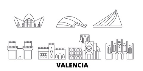 Wall Mural - Spain, Valencia flat travel skyline set. Spain, Valencia black city vector panorama, illustration, travel sights, landmarks, streets.