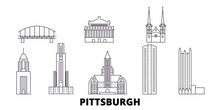 United States, Pittsburgh Flat Travel Skyline Set. United States, Pittsburgh Black City Vector Panorama, Illustration, Travel Sights, Landmarks, Streets.