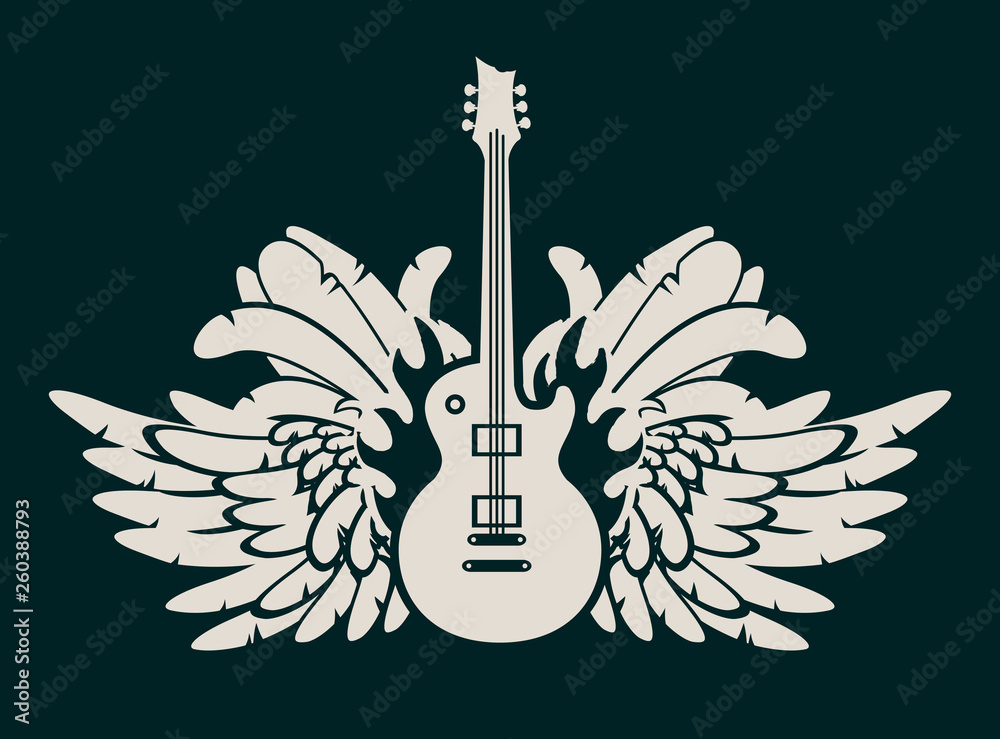 Vector banner with electric guitar and wings on the black bcakground ...